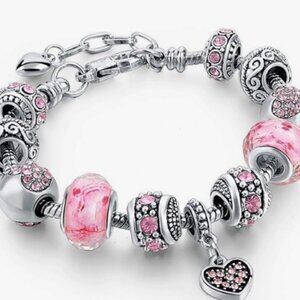 Pink Hearts Silver Plated Charm Bracelet Set